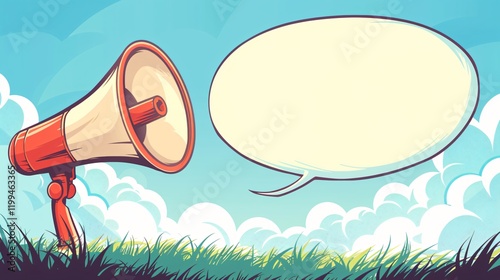 Effective Communication Concept with Red Megaphone and Big Round Speech Bubble photo