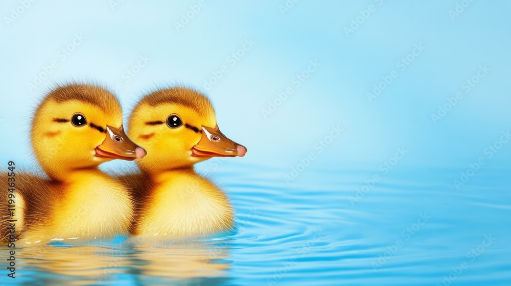 Two little ducks swimming gently on the surface of a calm water body Two little ducks swimming gently on the surface of a calm water body
