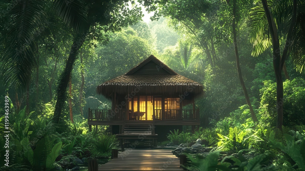 A serene wooden cabin nestled in a lush, green forest, illuminated by warm light, surrounded by dense foliage and tranquil pathways. A serene wooden cabin nestled in a lush, green forest, illuminated by warm light, surrounded by dense foliage and tranquil pathways.