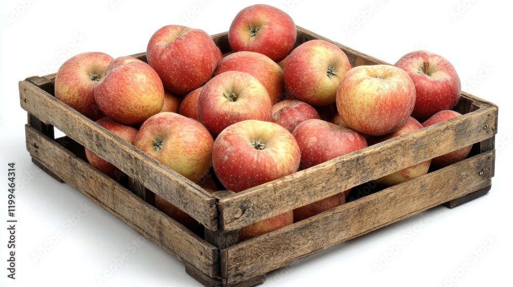A rustic wooden crate filled with fresh, red apples showcases their vibrant color and natural appeal. A rustic wooden crate filled with fresh, red apples showcases their vibrant color and natural appeal.