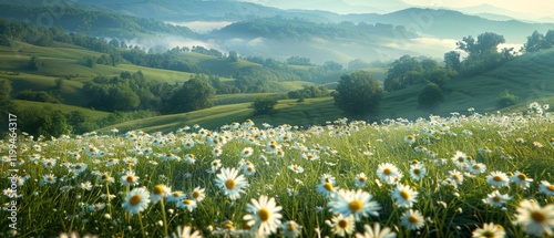 Beautiful spring and summer natural panoramic pastoral landscape with blooming field of daisies in the grass in the hilly countryside photo