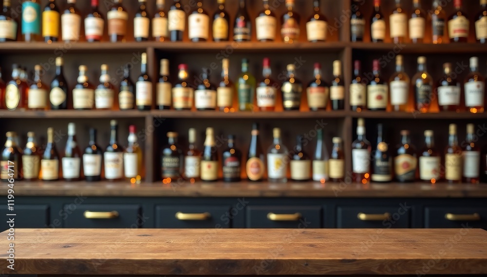 A well-organized shelf filled with various bottles of whiskey in a stylish bar.