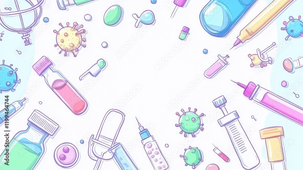 virus flat design top view medical research theme cartoon drawing colored pastel . virus flat design top view medical research theme cartoon drawing colored pastel .