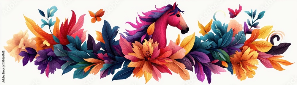 Obraz premium A vibrant, colorful illustration featuring a horse surrounded by an array of flowers and butterflies, blending nature and artistic design.