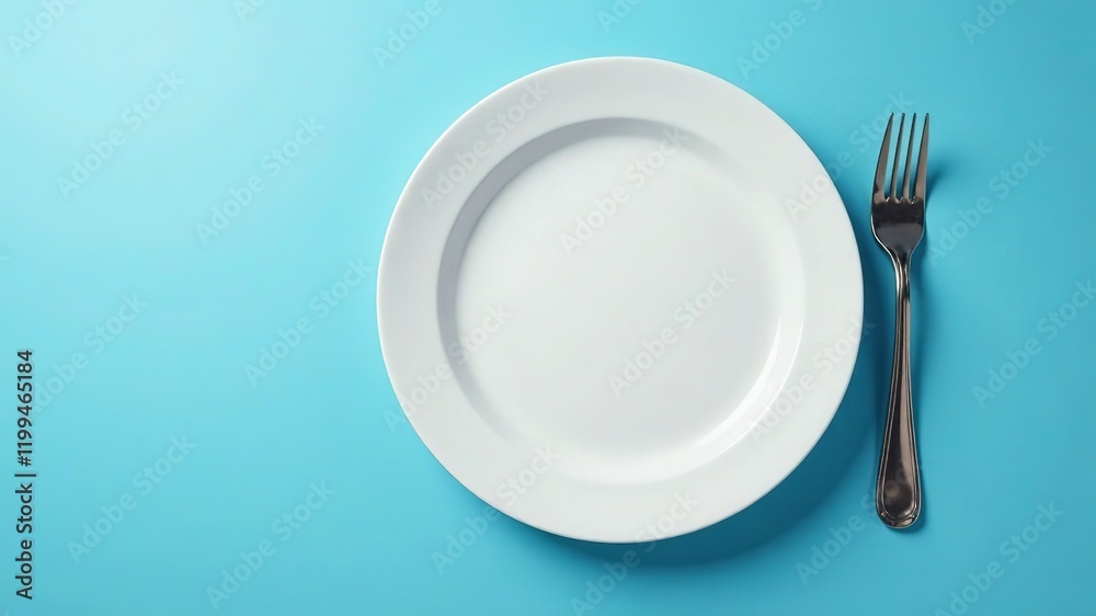 Empty White Dish with Fork on Blue Background - High-Quality AI Image Empty White Dish with Fork on Blue Background - High-Quality AI Image