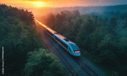 High-speed train through misty forest at sunrise.