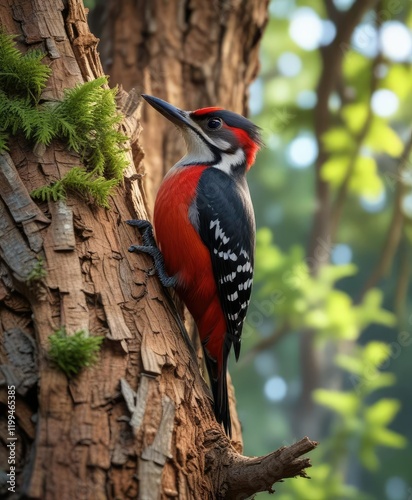 a bright woodpecker perched on the trunk of a tree, woodpecker feathers, bird species photo