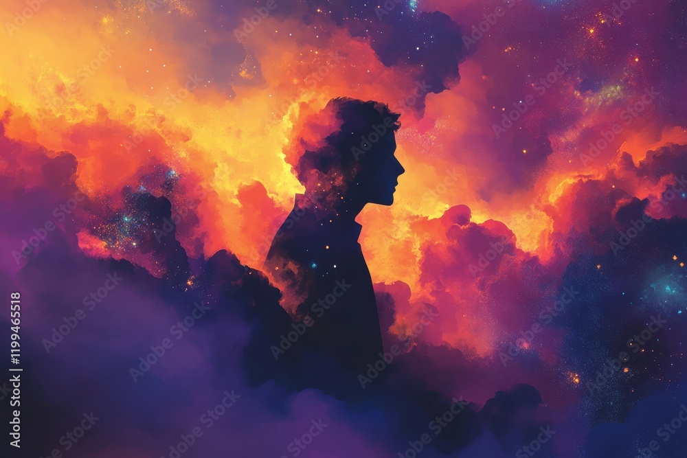 Silhouette of a Man in a Cosmic Landscape
