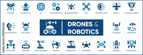 Drones and Robotics Icon Set. Features editable icons for drones, AI, automation, UAV, technology, innovation, machines, etc. Perfect for tech companies, robotics enthusiasts, and drone operators.