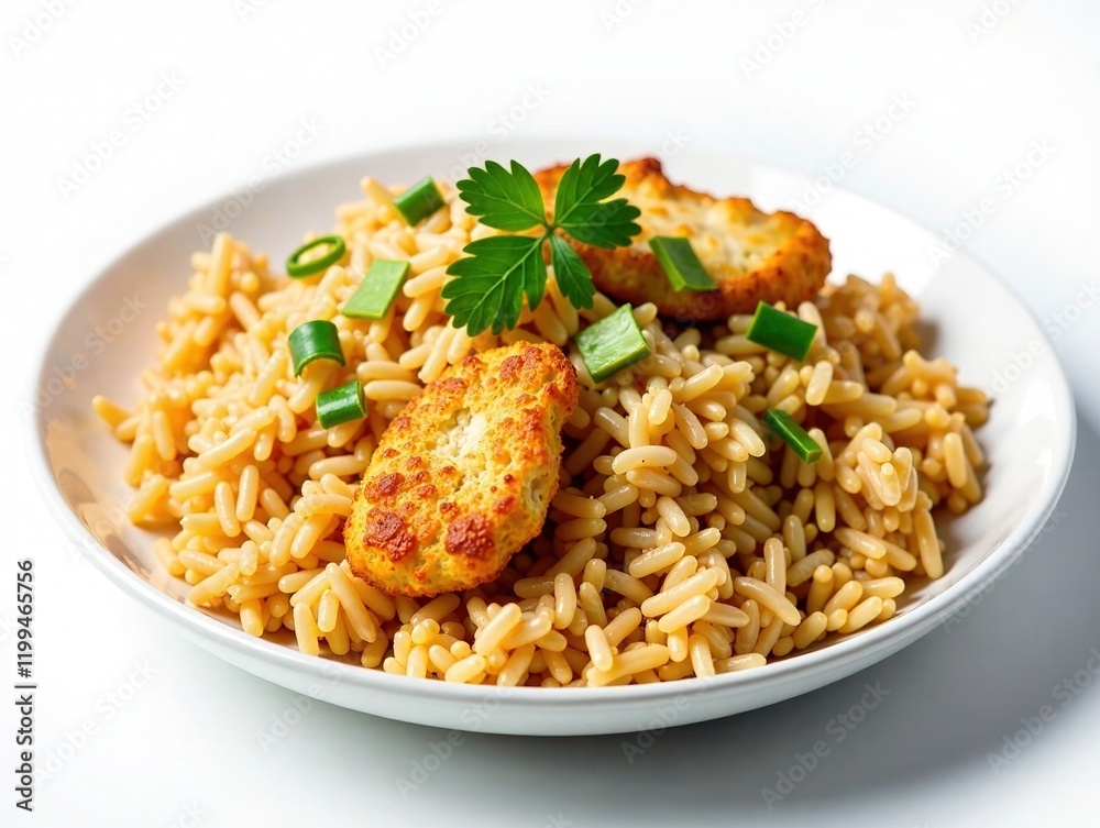 Delicious Chicken Fried Rice on White Plate - High-Quality Food Photography Delicious Chicken Fried Rice on White Plate - High-Quality Food Photography