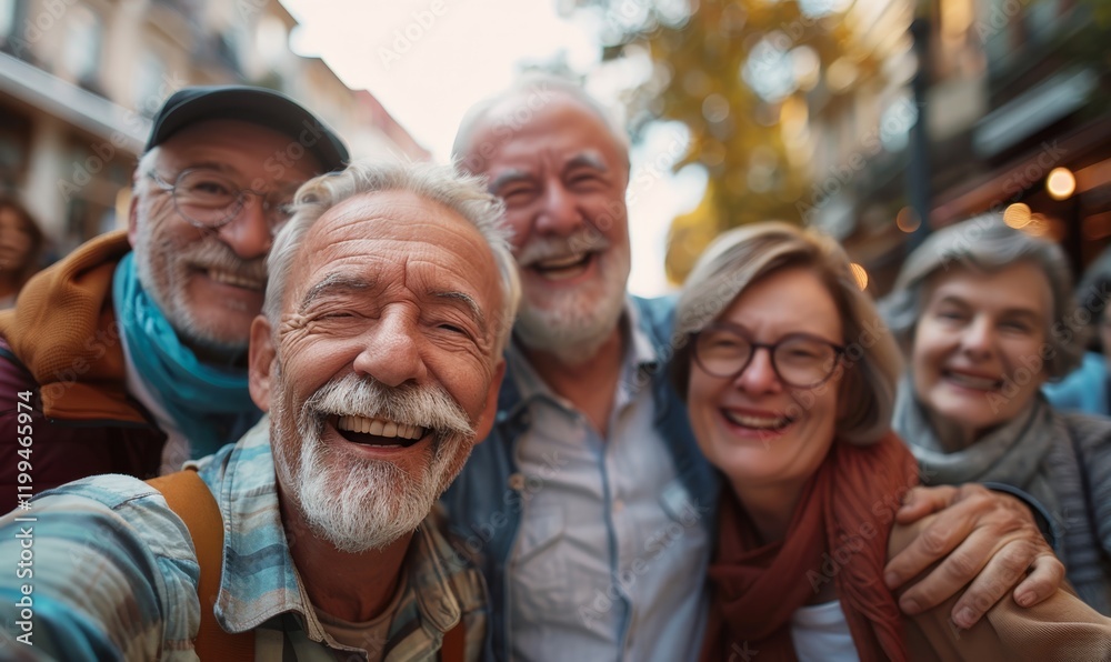 Obraz premium Happy group of senior people smiling at camera together outside - Delightful older friends enjoying day out walking on city street - Aged male and females pensioners hugging together outdoors