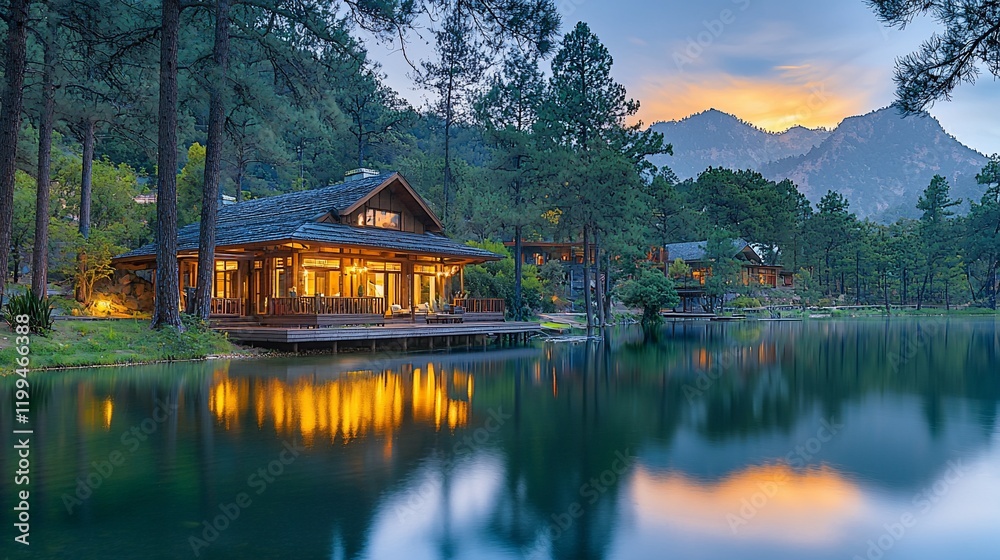 Fototapeta premium Lakeside cabin at sunset, mountain view.
