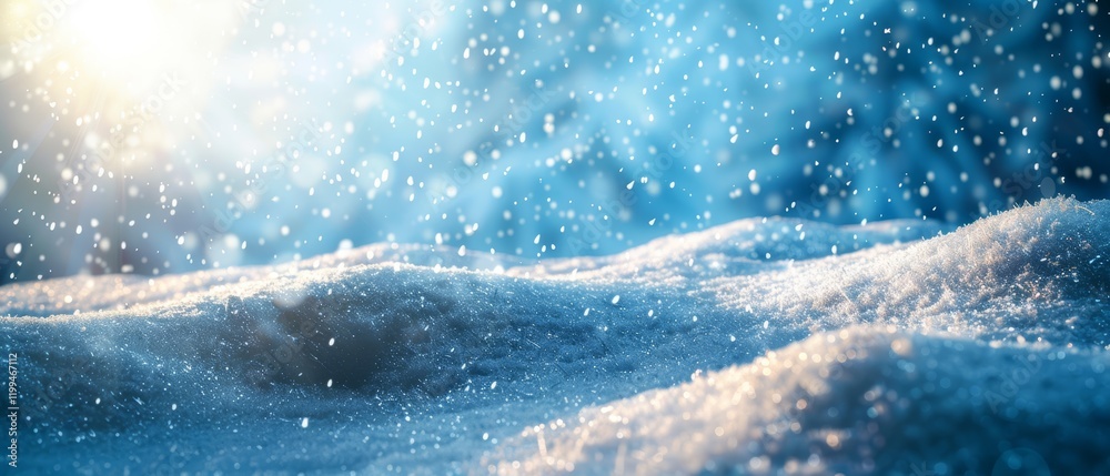 Winter snow background with snowdrifts, with beautiful light and snow flakes on the blue sky in the evening, banner format, copy space