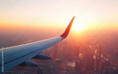 Airplane wing at sunset over city skyline, showcasing beautiful view. warm colors of sky create serene atmosphere, perfect for travel enthusiasts photo