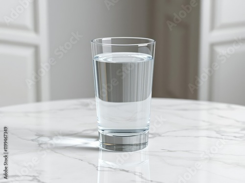 A clear glass of water placed on a marble stone table, elegant surface, refined atmosphere, marble