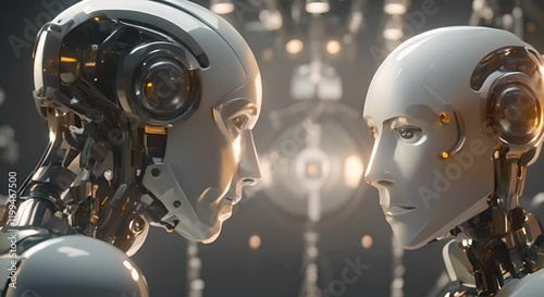 Two android robots look face to face seamless looping 4K