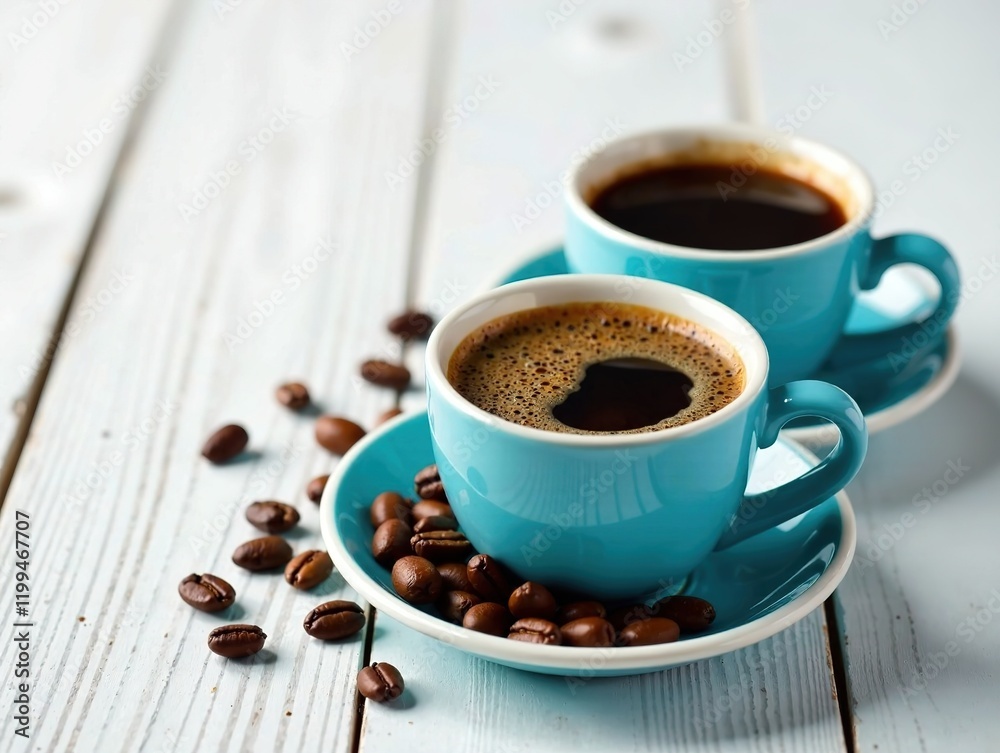 Aromatic Coffee in Blue Cups on Wooden Table Aromatic Coffee in Blue Cups on Wooden Table