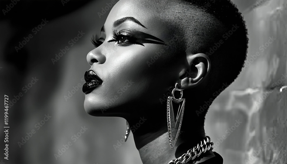 Obraz premium Stylishly composed profile portrait of a fashionable individual wearing prominent makeup and modern jewelry on a dark background