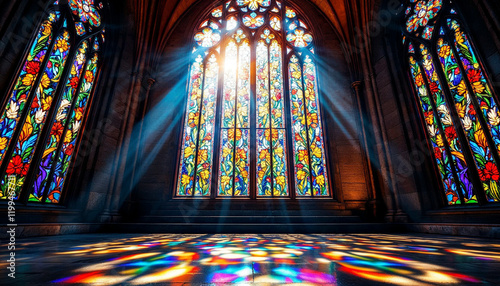 Beautiful stained glass windows illuminate a quiet cathedral interior with vibrant colors and sunlight