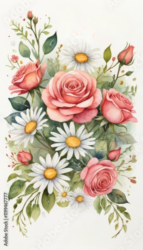 A lush floral arrangement featuring roses and daisies, creating a vibrant and cheerful design. Perfect for cards celebrating love and appreciation for any occasion