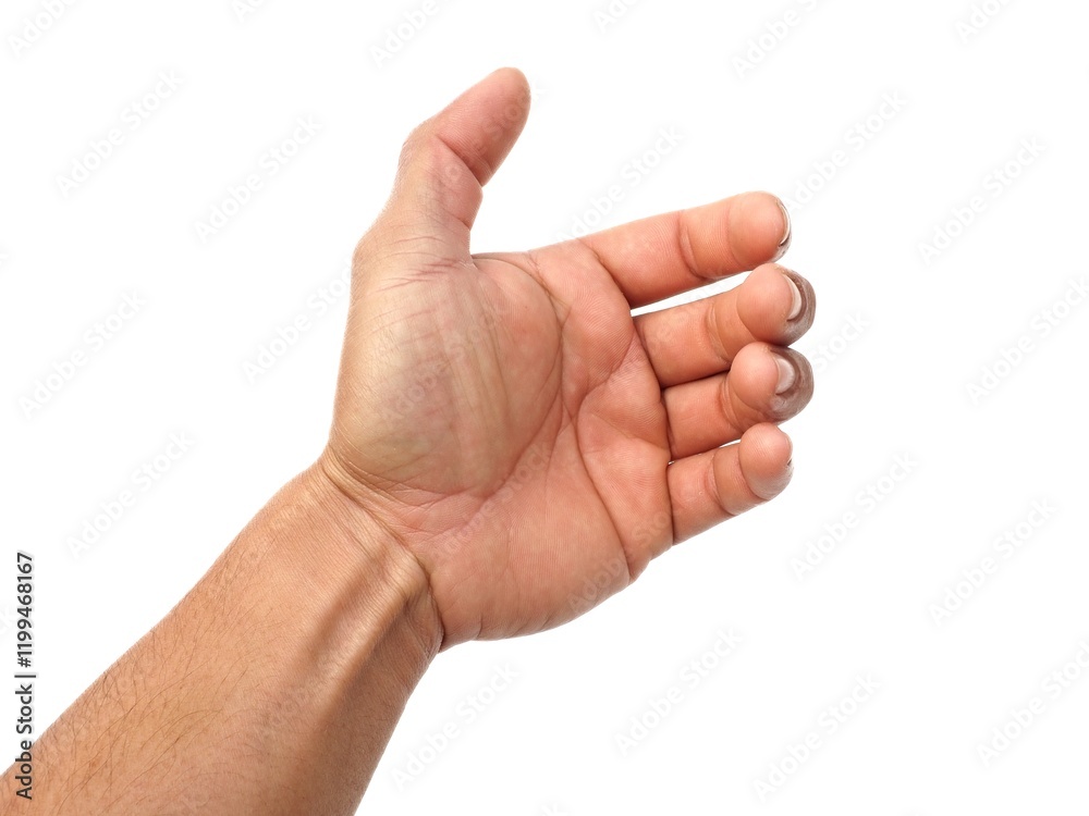A man acts like he's holding something, like a phone or a water bottle. Or reaching out to handshake isolated on white background. A man acts like he's holding something, like a phone or a water bottle. Or reaching out to handshake isolated on white background.