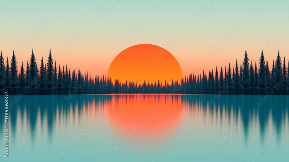 Obraz premium Sunset over calm lake reflected in water with silhouetted pine trees.