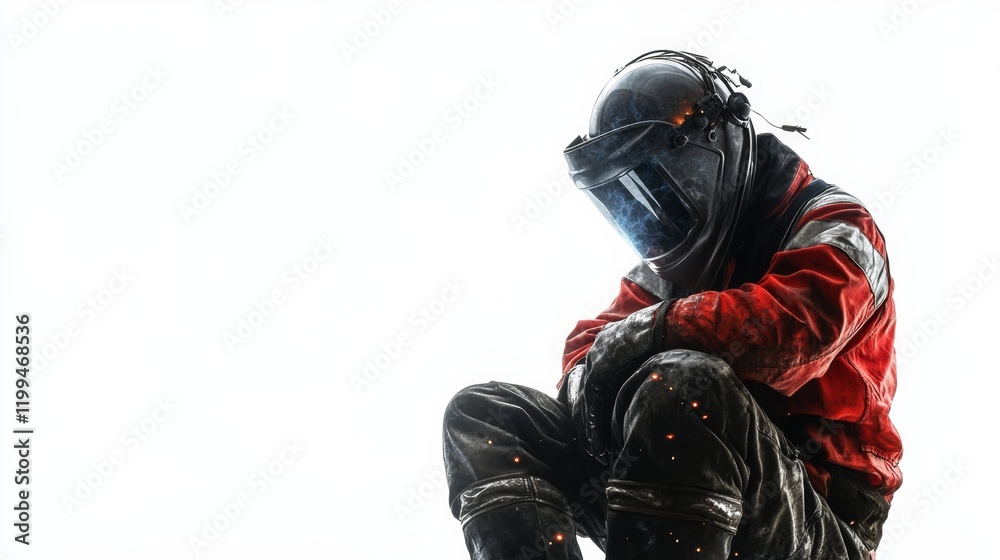 A welder in a spark-filled environment, helmet down, isolated on a seamless white background, A welder in a spark-filled environment, helmet down, isolated on a seamless white background,