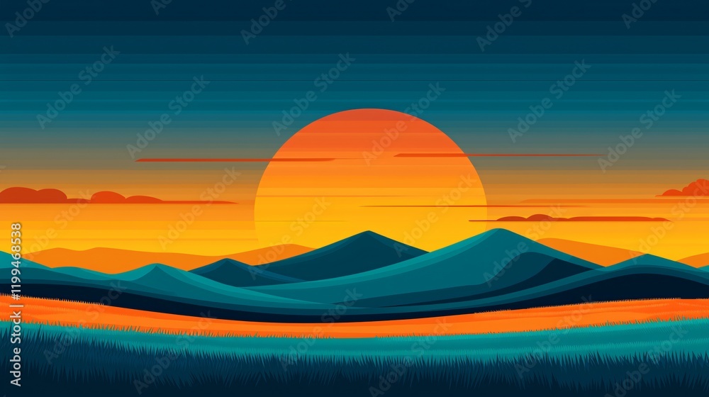 Sunset over teal mountains and orange field. Sunset over teal mountains and orange field.