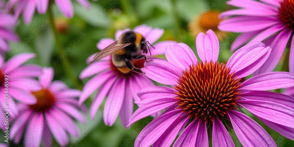 A close-up shot of a bumblebee gathering nectar from a vibrant purple echinacea flower, beauty, garden A close-up shot of a bumblebee gathering nectar from a vibrant purple echinacea flower, beauty, garden