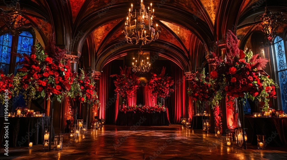Fototapeta premium Grand gothic hall wedding reception with red floral arrangements, candles, and chandeliers.