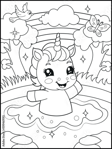 Illustration of a cute unicorn cartoon character. Black and white Printable Unicorn coloring page for kids.