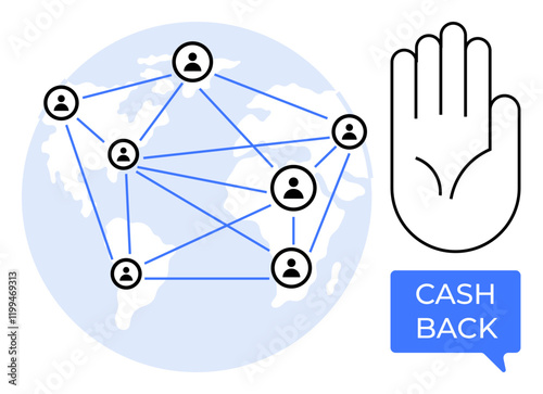 A worldwide network of connected individuals, illustrated by people icons and interconnected lines, next to an open hand and a CASH BACK text bubble. Ideal for financial transactions, digital