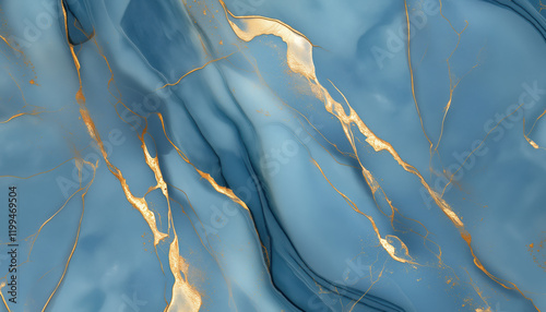 Soft, bright blue marble texture with gold veins, polished stone backgroung, fluid surface, abstract painting