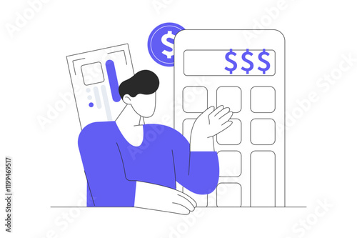 Finance concept with character. Calculating financial income and expenses, plan personal budget, controls banking data. Flat Cartoon Vector Illustration, icon. Stylish abstract Modern