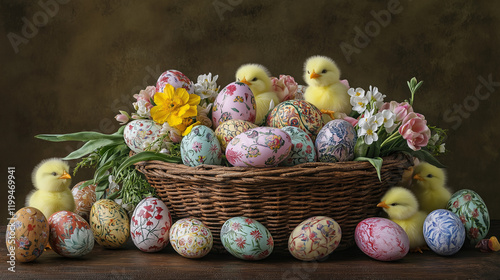 Rustic Easter Scene with Painted Eggs, Chicks, and Spring Flowers