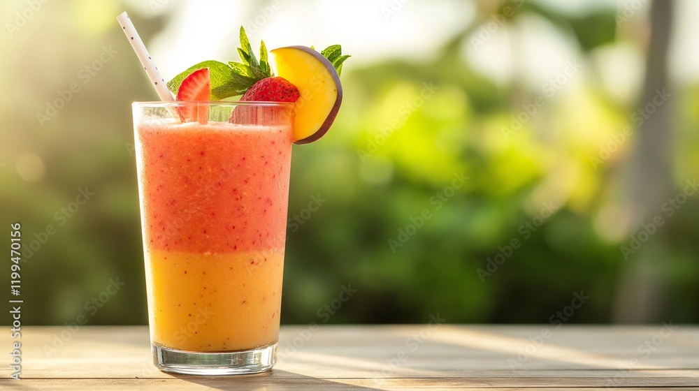 vibrant fruit smoothie in a clear glass, garnished with a straw and fruit slices, on a wooden table with a sunny outdoor background vibrant fruit smoothie in a clear glass, garnished with a straw and fruit slices, on a wooden table with a sunny outdoor background