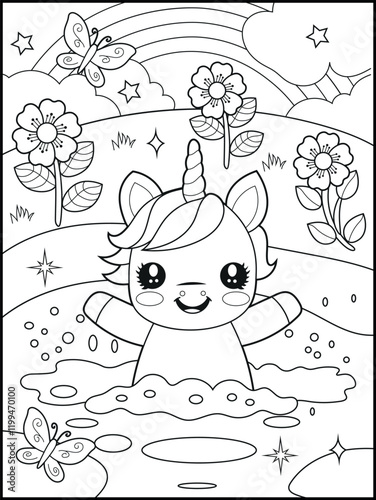 Illustration of a cute unicorn cartoon character. Black and white Printable Unicorn coloring page for kids.