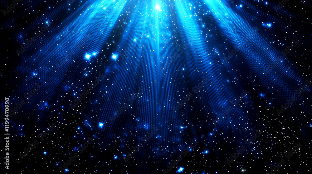 Fototapeta premium Cosmic Dreamscape: Celestial Rays and Starry Night, a Serene Blue Abstract