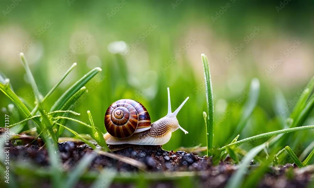 A detailed view of a grape snail nestled in the grass. The prominent antennae of the large snail are visible among the lush green blades. Following a summer rain, the grape snail emerges into the verd A detailed view of a grape snail nestled in the grass. The prominent antennae of the large snail are visible among the lush green blades. Following a summer rain, the grape snail emerges into the verd