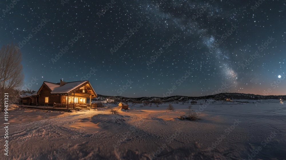 A cozy cabin illuminated under a starry sky, with the Milky Way stretching across a winter landscape. A cozy cabin illuminated under a starry sky, with the Milky Way stretching across a winter landscape.