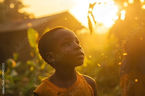 Hopeful african child gazing upwards at golden sunset light photo