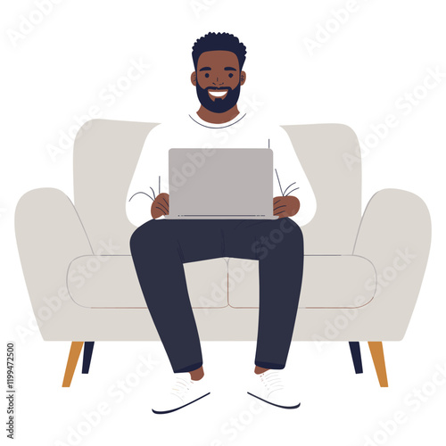 Man using laptop on light gray sofa illustration pants electronics vector