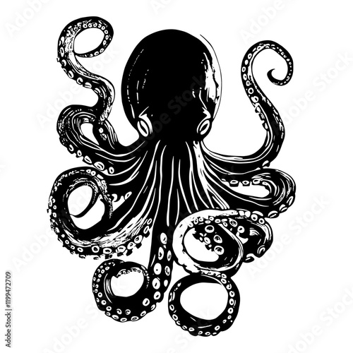 Octopus wood block print animal white invertebrate vector