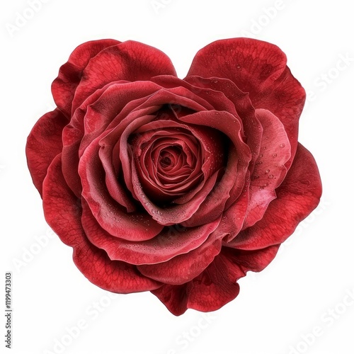Beautiful dark red rose blooming in a heart shape with water drops on petals, isolated on white background