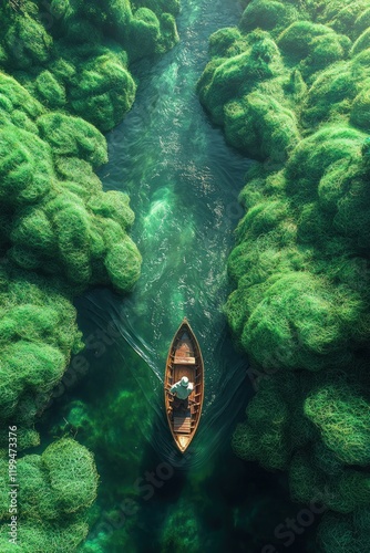 Solitary boatman navigates vibrant green waterway.