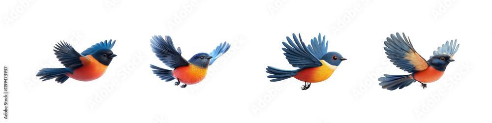 Collection of colorful birds in various flight poses isolated on transparent background, PNG Collection of colorful birds in various flight poses isolated on transparent background, PNG
