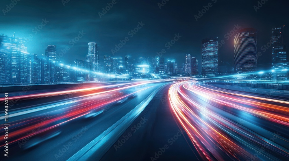 Fototapeta premium Night city highway with light trails.