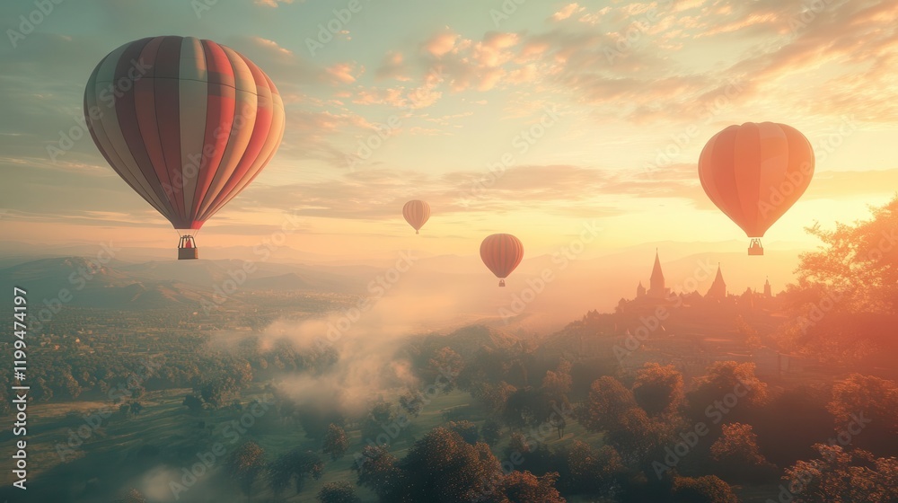 Fototapeta premium Colorful hot air balloons float gracefully in a serene landscape at sunrise, creating a picturesque and tranquil scene.