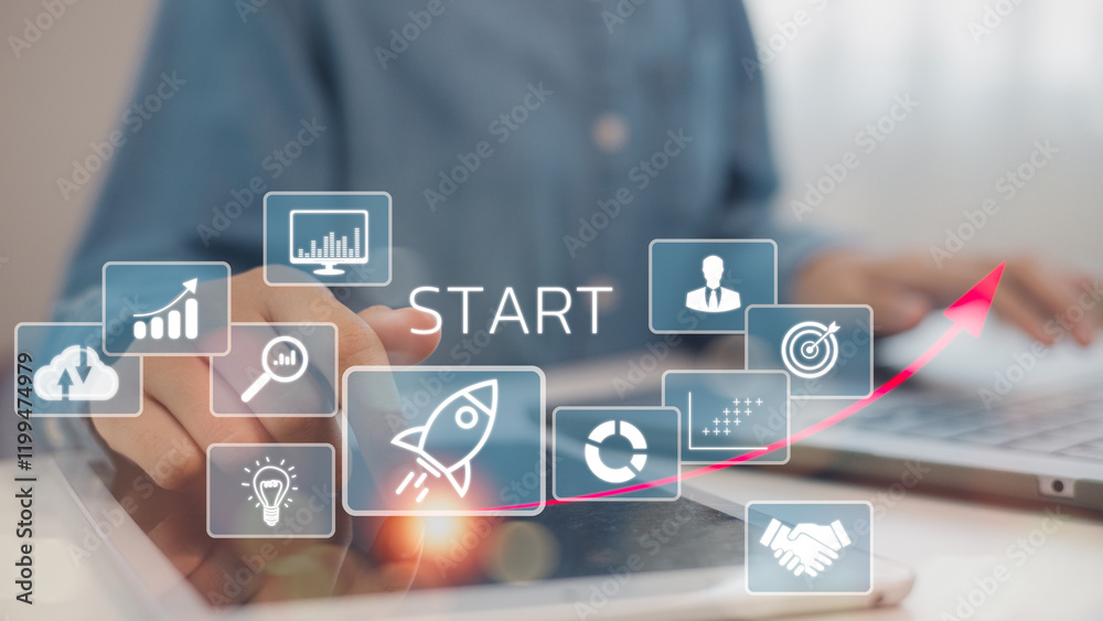 Naklejka premium Startup innovates to connect customers worldwide. Emphasizes creativity, and resource management for sustainability. Clear leadership, digital marketing. Startup business concept