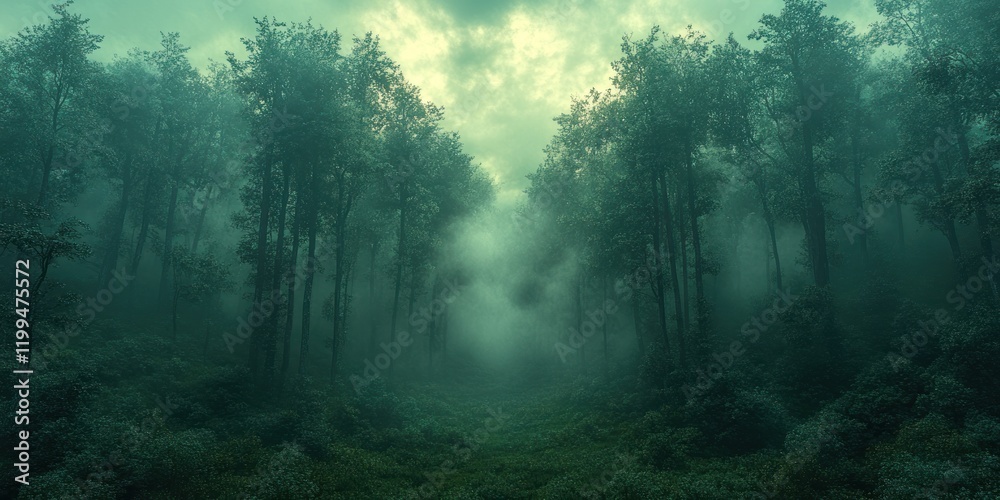 Fototapeta premium Enigmatic Foggy Forest Path: A Mystical Journey into the Green Depths